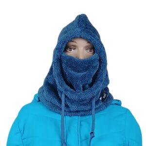Unisex Ski Mask Balaclava Winter Hat Faux Fur Hooded Scarf W/ Drawstrings Blue